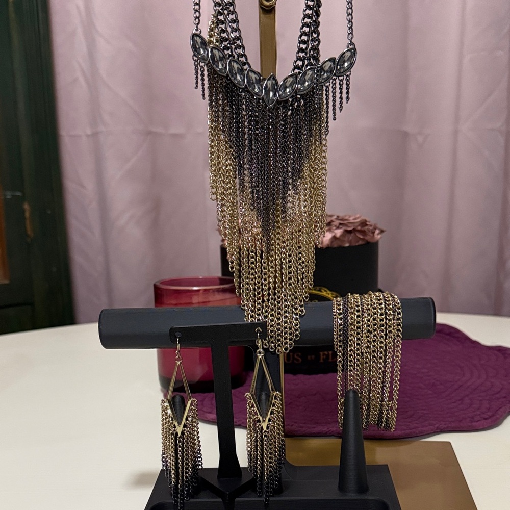 BCBG Three-way Convertible Fringe Bib Necklace, Bracelet and Earring Set